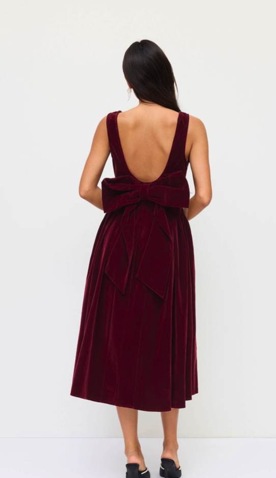 Mesh Back Bow Detail Velvet Maxi Dress