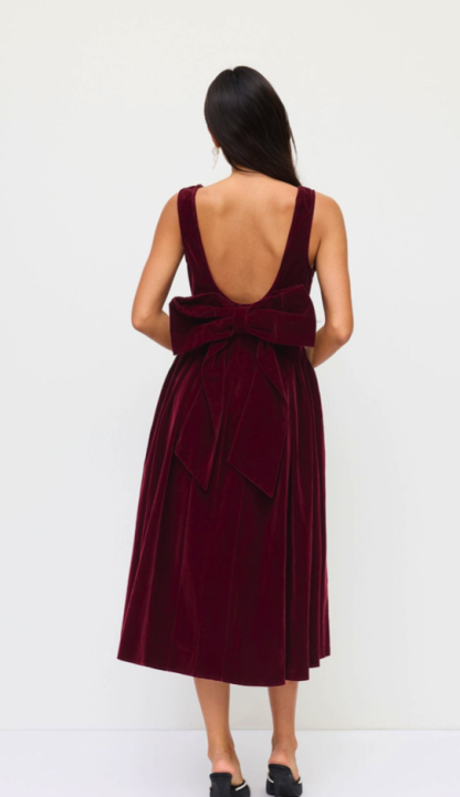 Mesh Back Bow Detail Velvet Maxi Dress