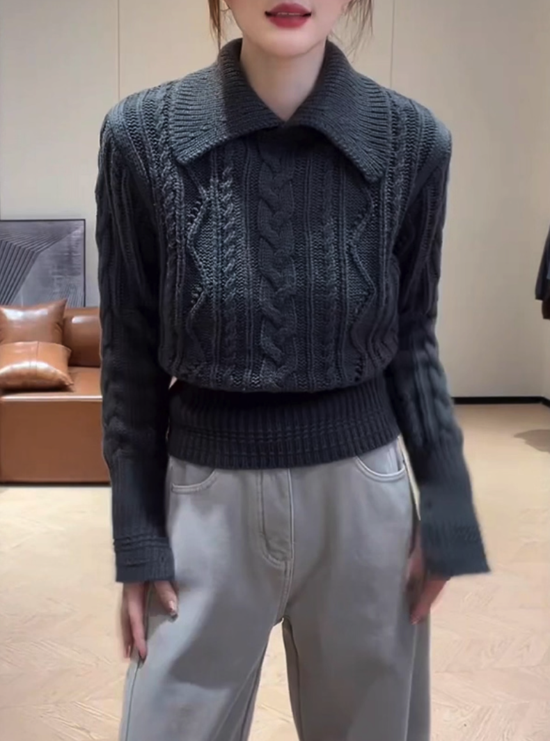 Wool-Blend Cable-Knit Waist-Defined Sweater
