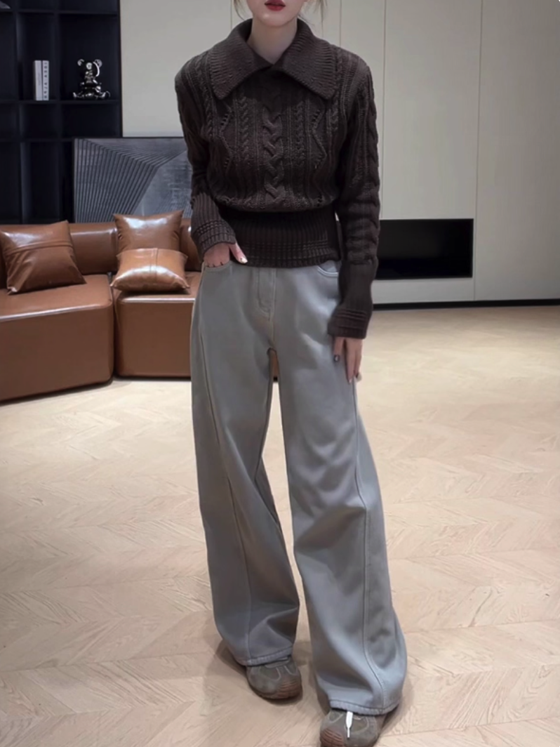 Wool-Blend Cable-Knit Waist-Defined Sweater