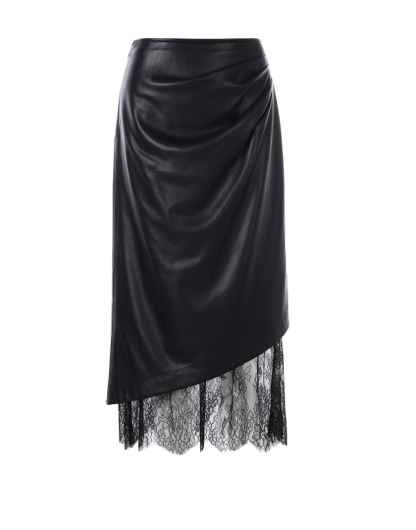 Lace Hem Faux Leather Ruched Midi Skirt