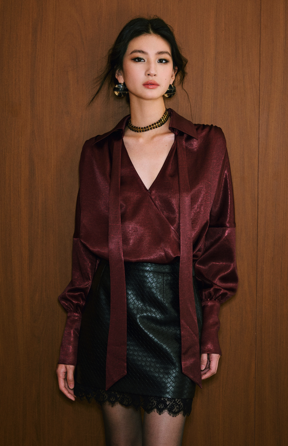 Faux Leather Woven Lace Trim Mini Skirt