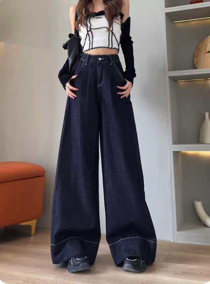 Mid-Waist Pleated Wide-Leg Jeans