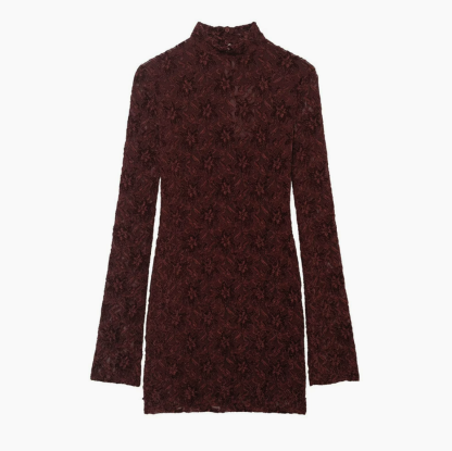 Lace-Jacquard Long-Sleeve Mini Dress