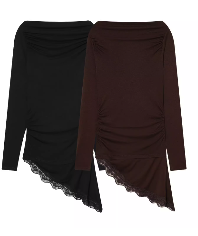 Lace Trim Asymmetric Hem Boat Neck Top