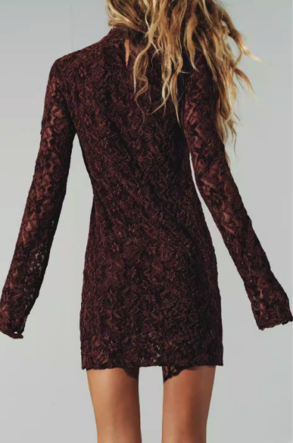 Lace-Jacquard Long-Sleeve Mini Dress