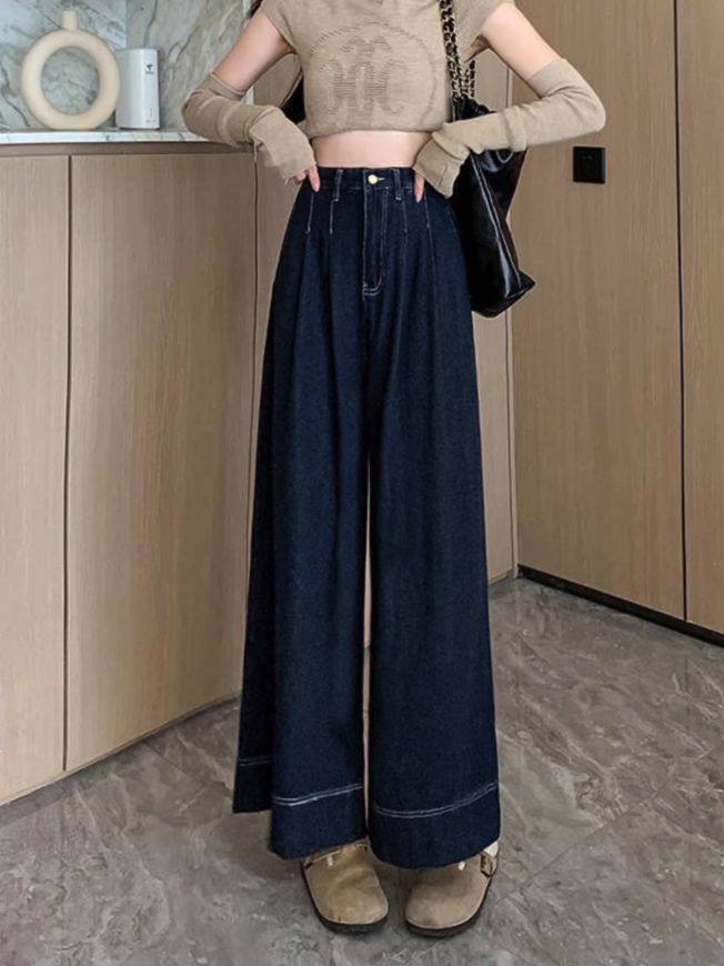 Contrast Stitch High-Waisted Wide-Leg Jeans