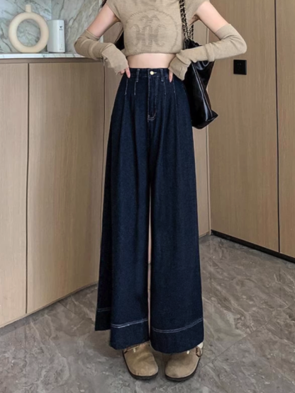 Contrast Stitch High-Waisted Wide-Leg Jeans