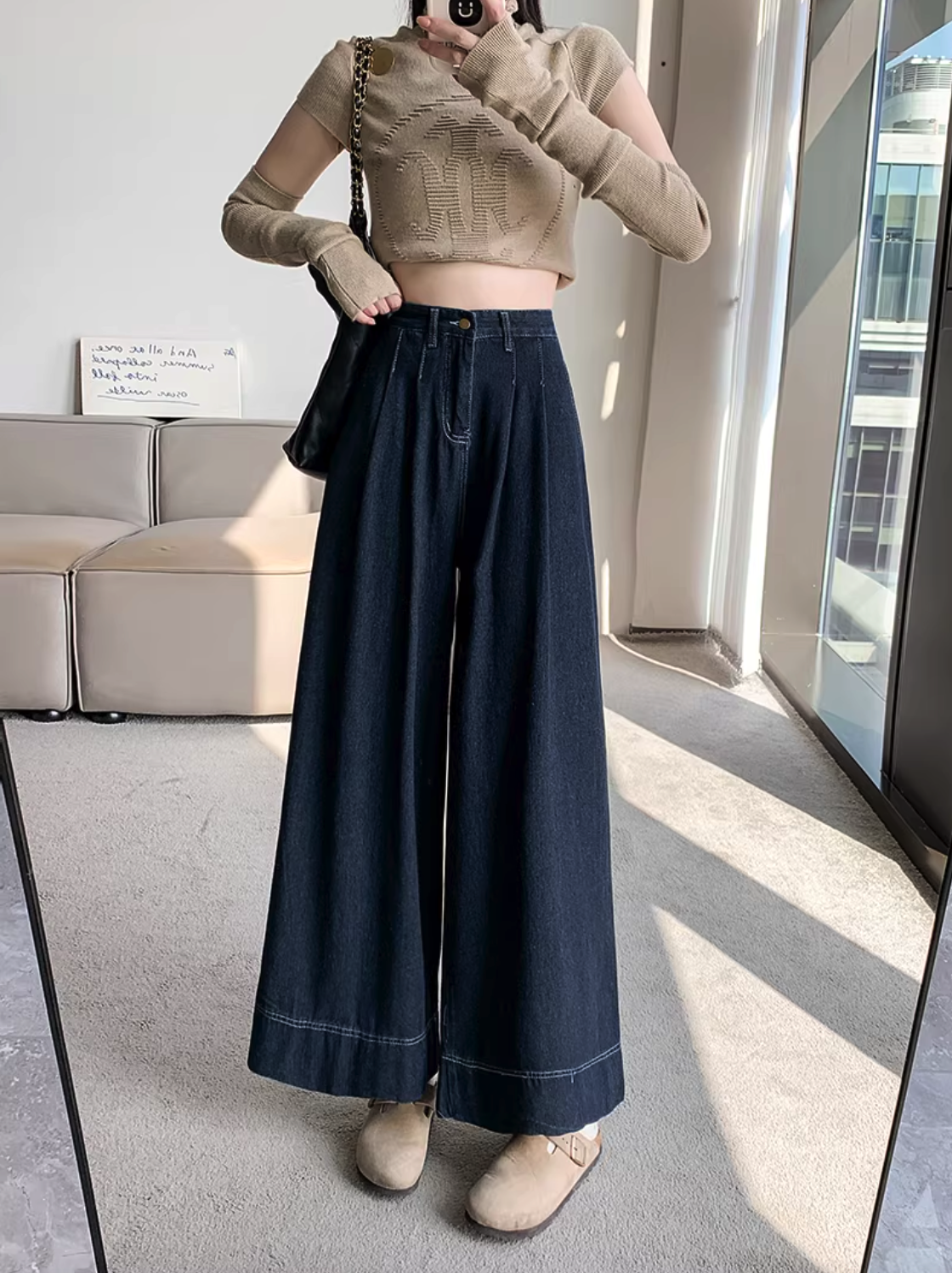 Contrast Stitch High-Waisted Wide-Leg Jeans