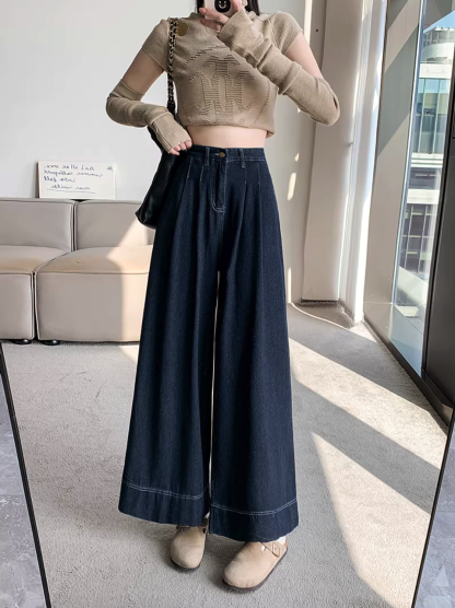 Contrast Stitch High-Waisted Wide-Leg Jeans