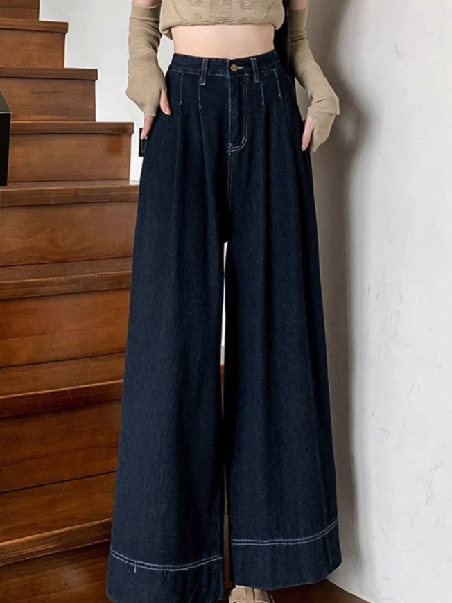 Contrast Stitch High-Waisted Wide-Leg Jeans
