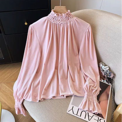 Ruffled Turtleneck Puff-Sleeve Crop Blouse