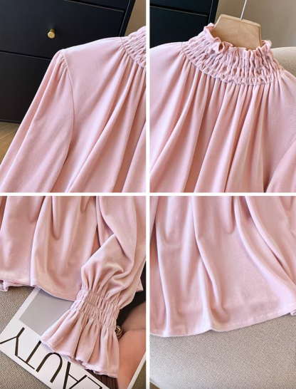 Ruffled Turtleneck Puff-Sleeve Crop Blouse