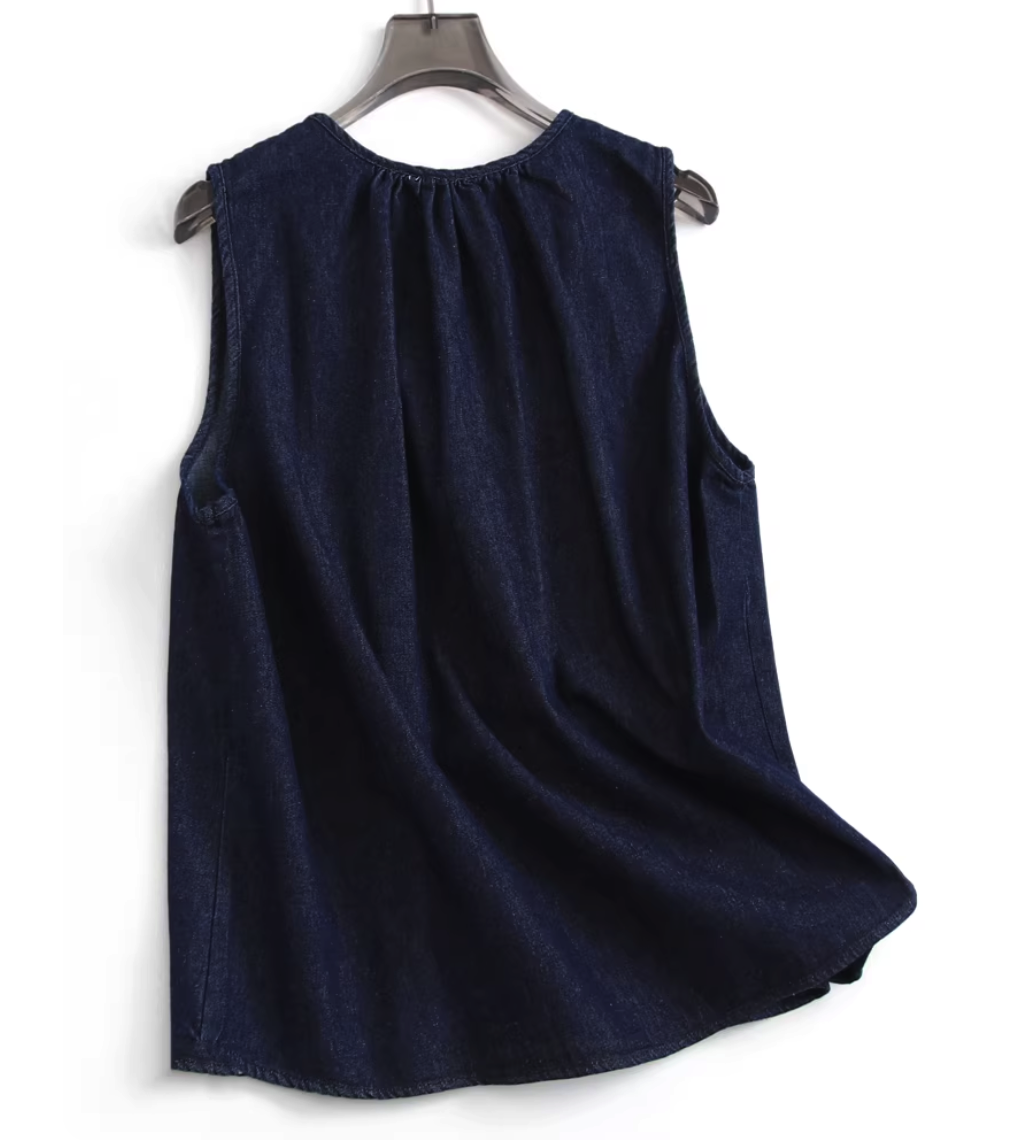 Faux Denim Tie-Waist Vest & Pants Set