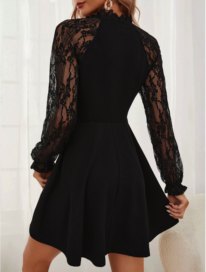 Lace Sheer-Sleeve  Mini Dress