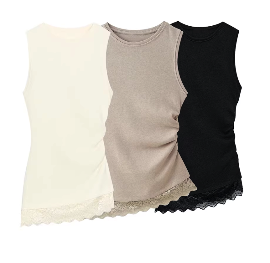 Lace Trim Fitted Ribbed Knit Tank Top