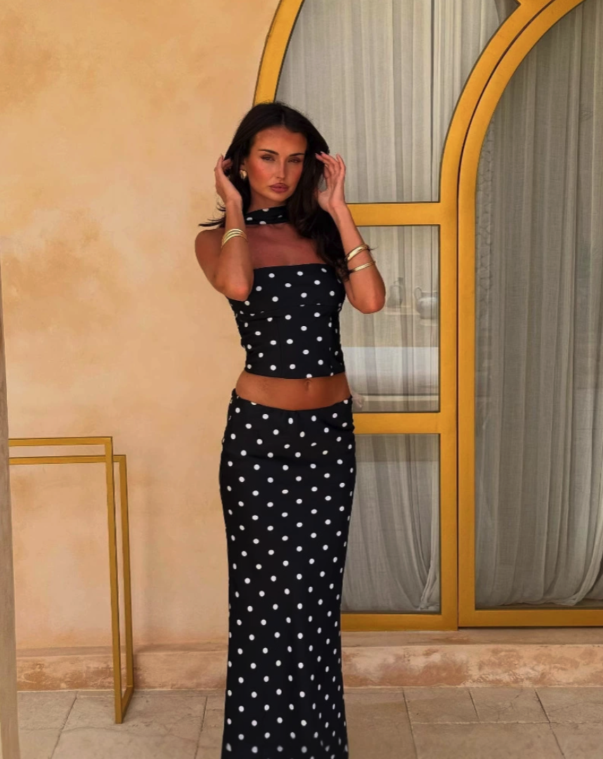 Polka Dot Print Crop Tube Top & Mini Skirt Two-Piece Set