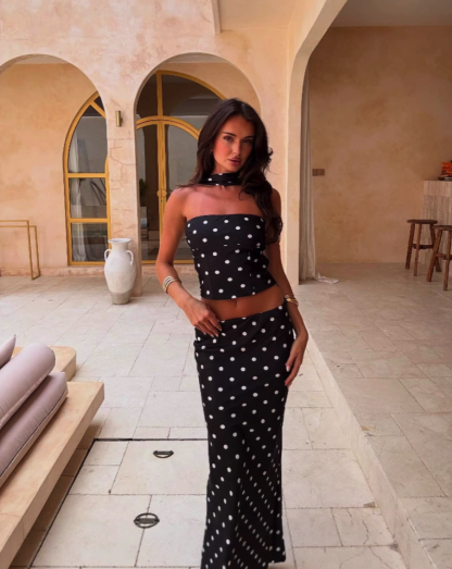 Polka Dot Print Crop Tube Top & Mini Skirt Two-Piece Set