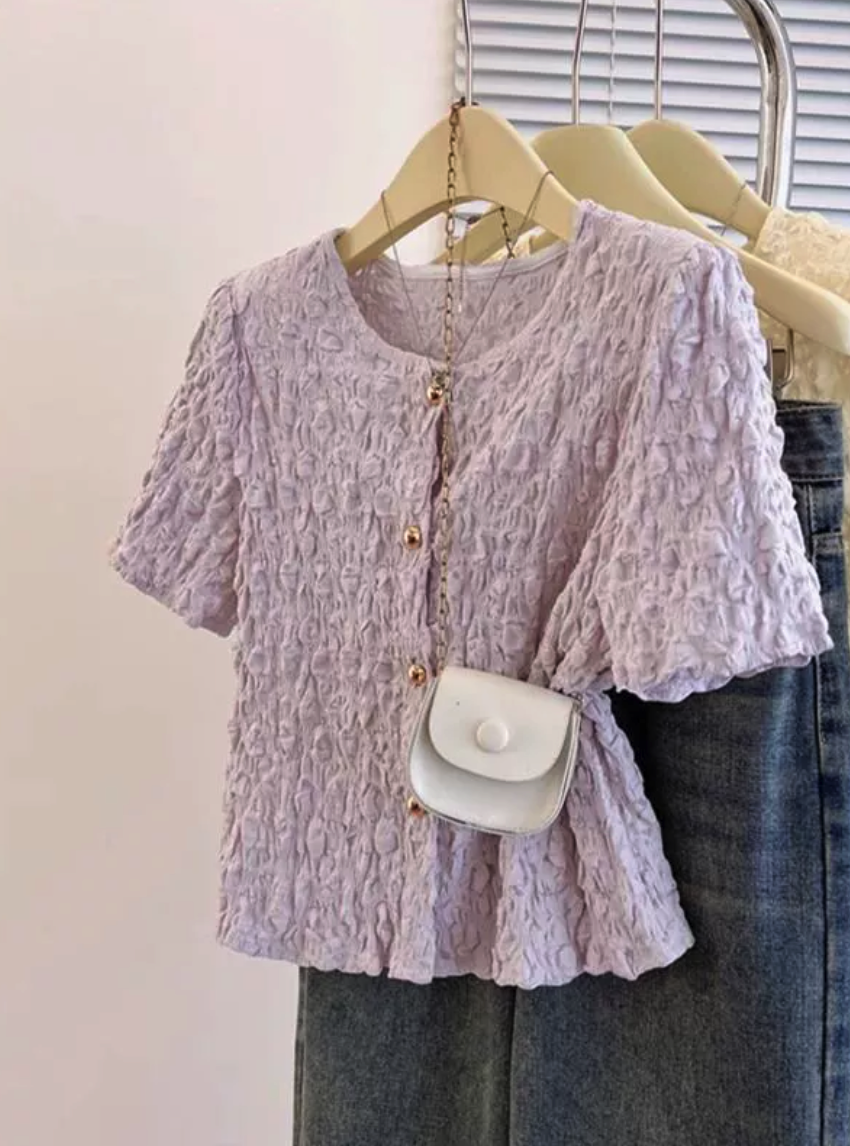 Pink Textured Floral Button Front Blouse