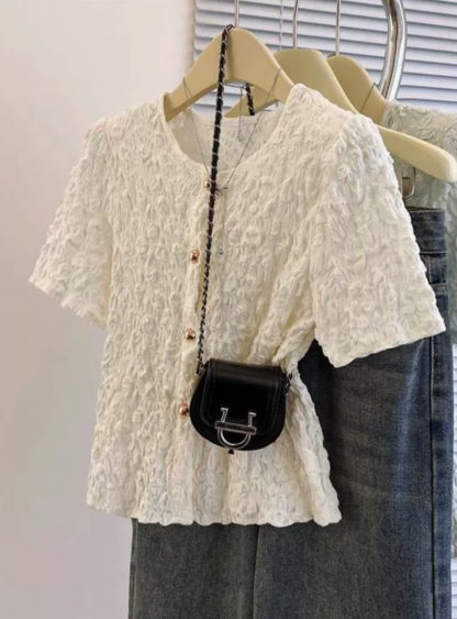 Pink Textured Floral Button Front Blouse