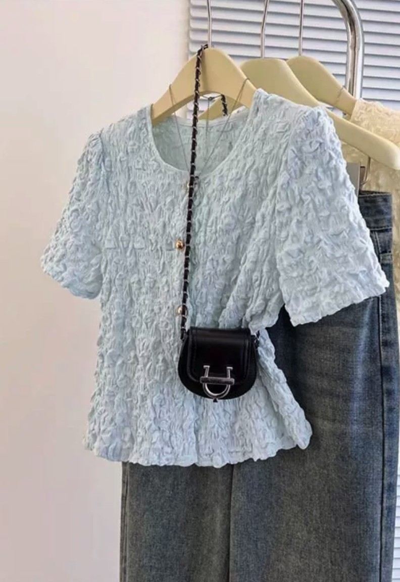 Pink Textured Floral Button Front Blouse-J.ING