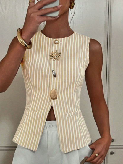 Cotton Blend Striped Sleeveless Vest