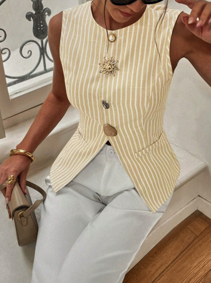 Cotton Blend Striped Sleeveless Vest