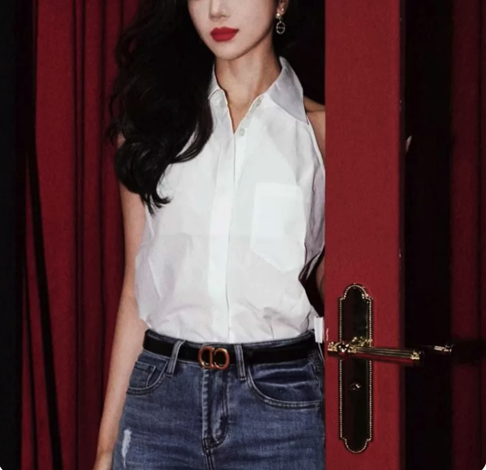 Collared Sleeveless Knotted Cropped Blouse