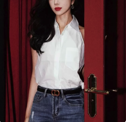 Collared Sleeveless Knotted Cropped Blouse