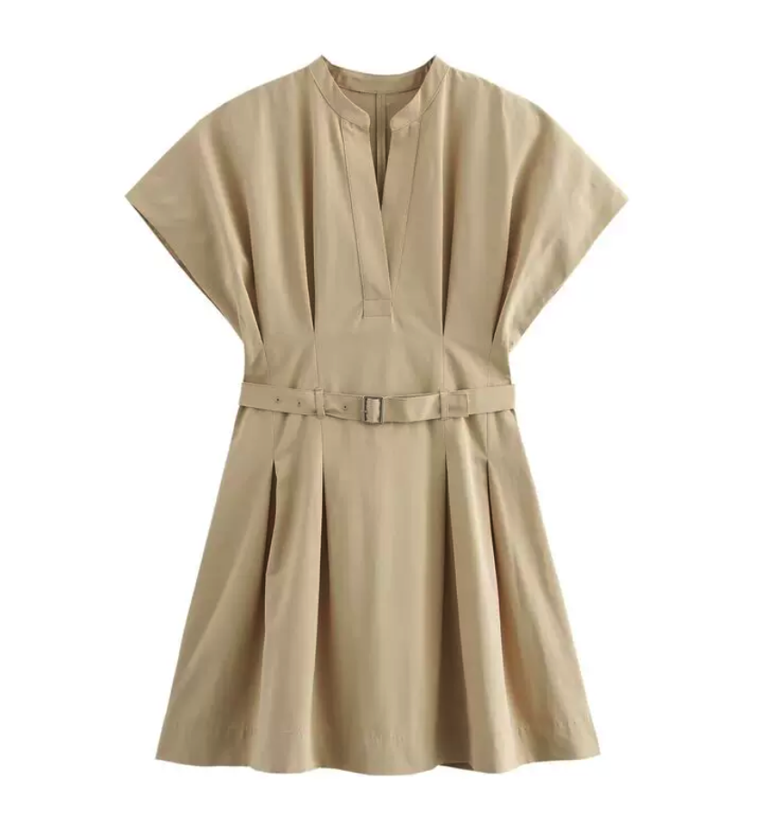 Belted V-Neck Short Sleeve Ruffle Dress