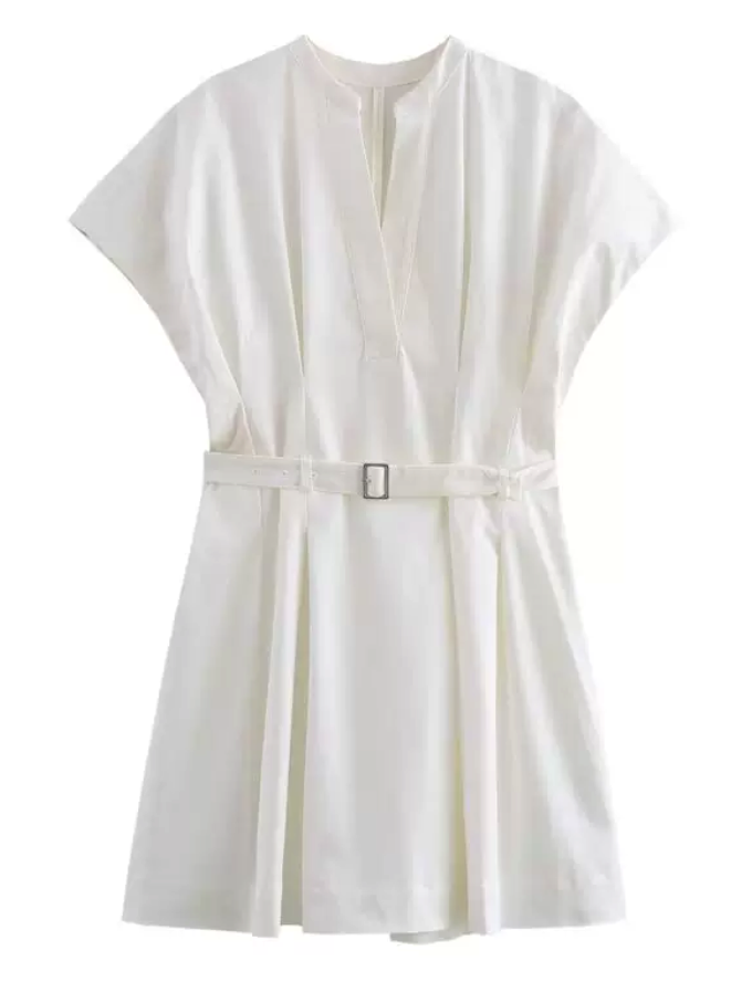 Belted V-Neck Short Sleeve Ruffle Dress
