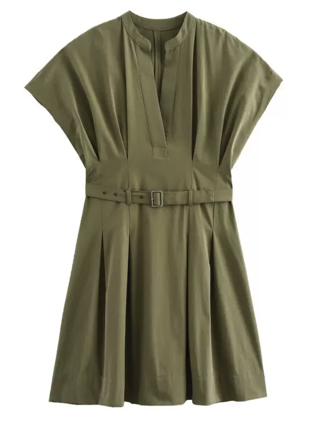 Belted V-Neck Short Sleeve Ruffle Dress
