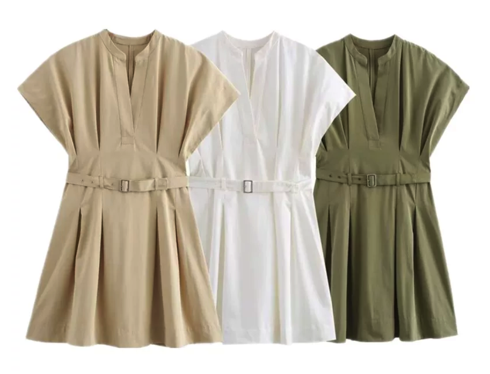 Belted V-Neck Short Sleeve Ruffle Dress