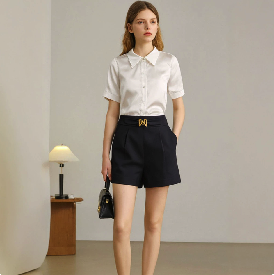 Faux Denim Belted Pleated Shorts