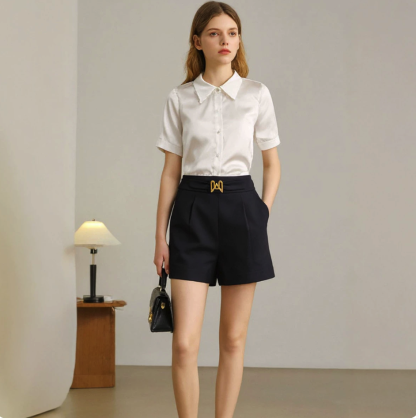 Faux Denim Belted Pleated Shorts