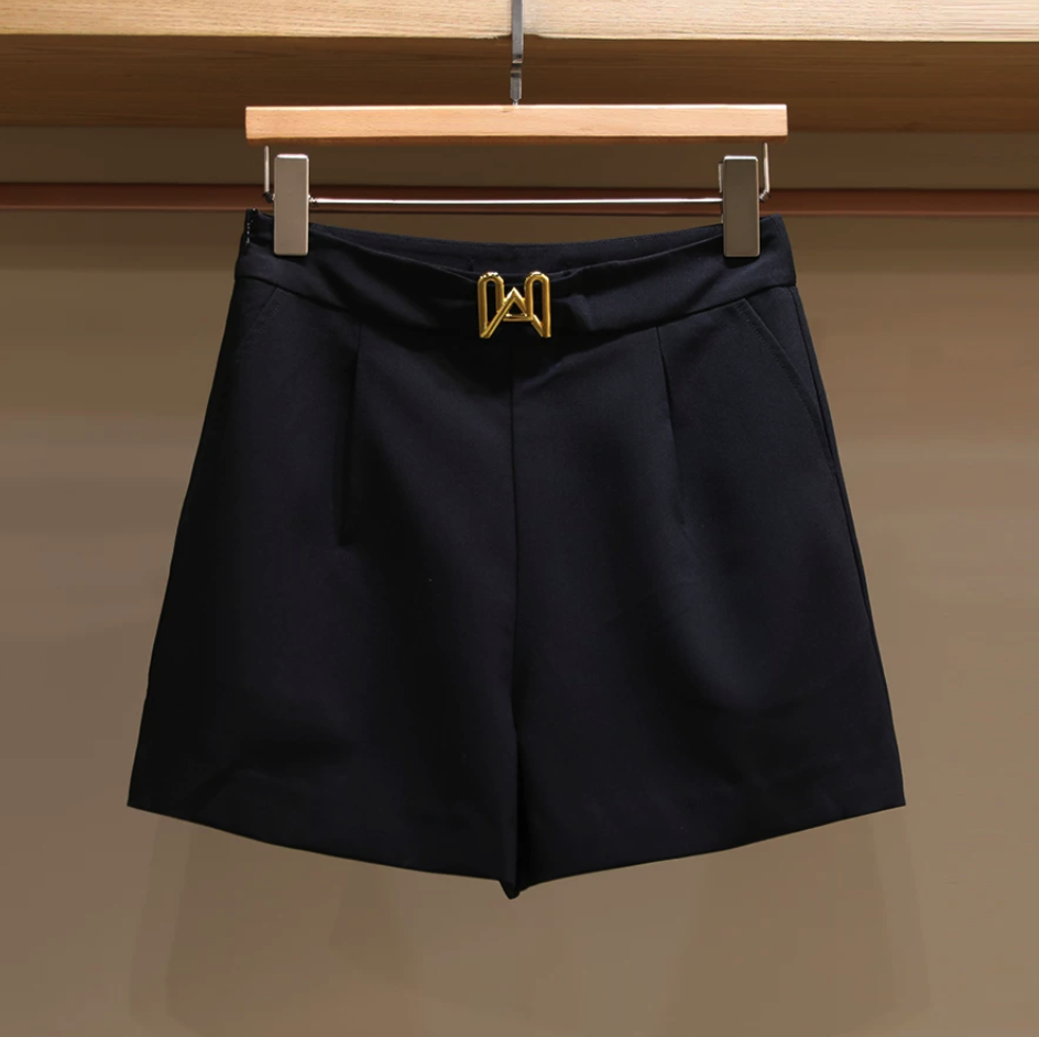 Faux Denim Belted Pleated Shorts