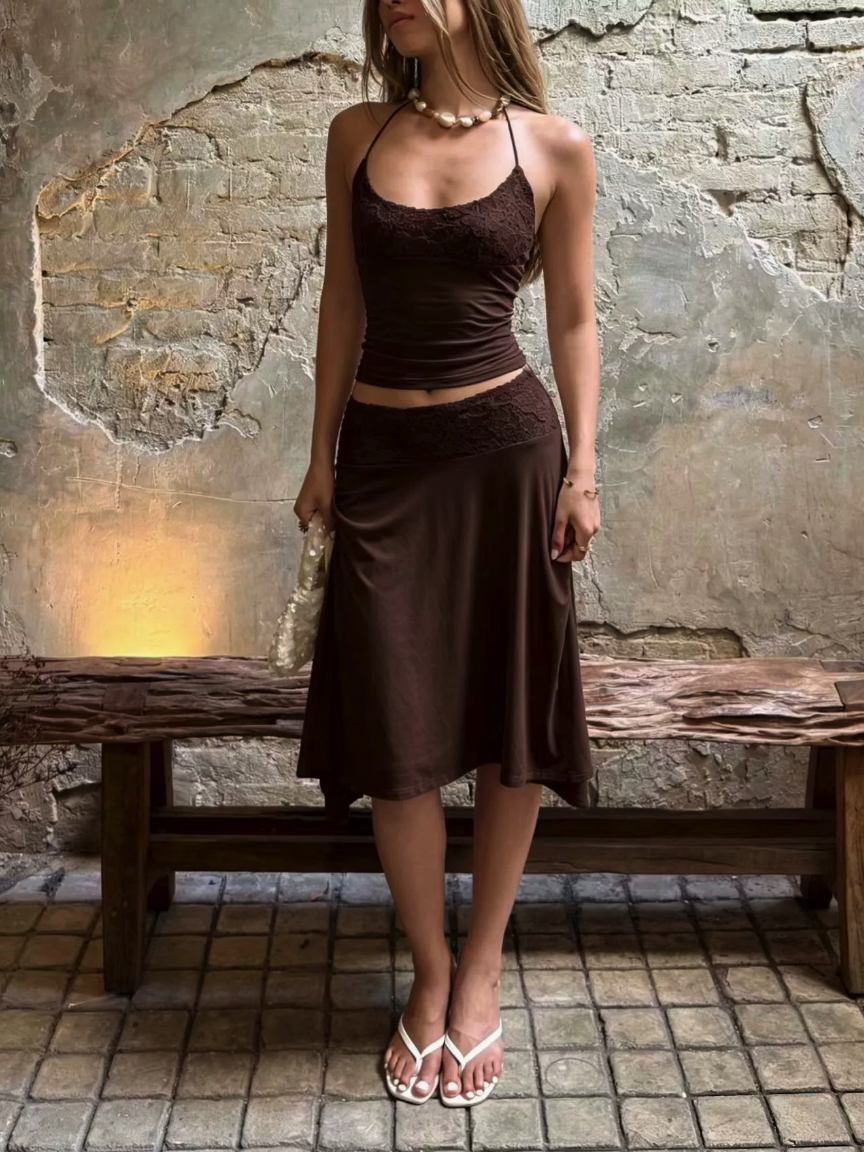 Lace Halter Crop Top & Asymmetric Midi Skirt Set