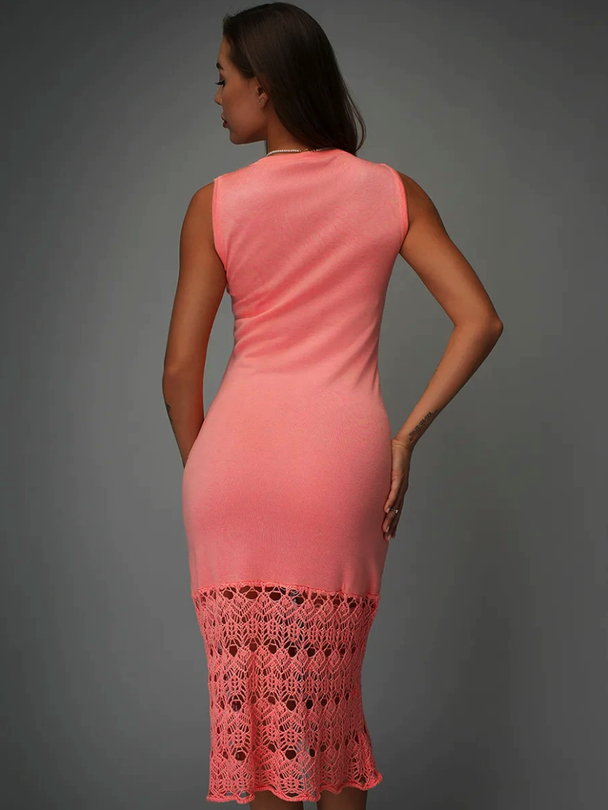 Side Slit Crochet Hem Sleeveless Knit Maxi Dress