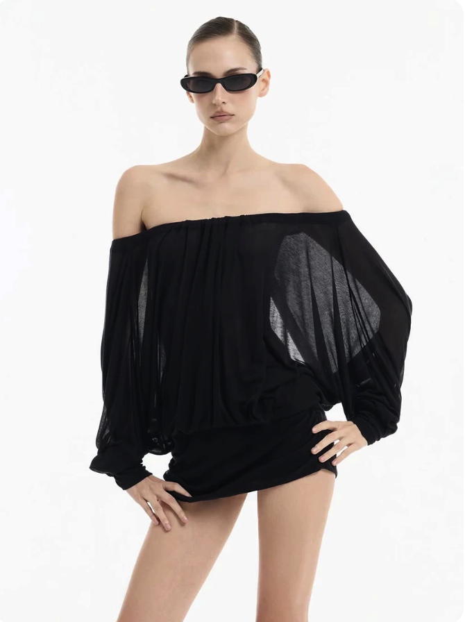 Mesh Long Sleeve Ruched Mini Dress