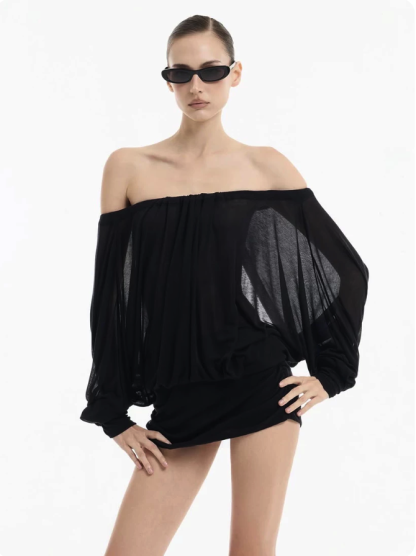 Mesh Long Sleeve Ruched Mini Dress