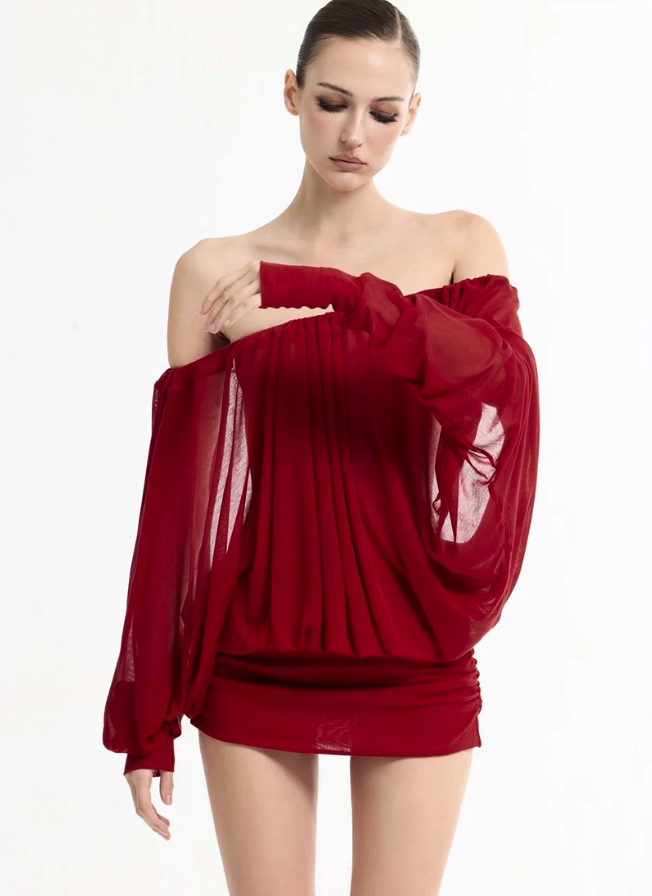 Mesh Long Sleeve Ruched Mini Dress