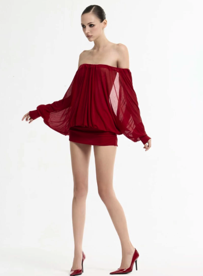 Mesh Long Sleeve Ruched Mini Dress