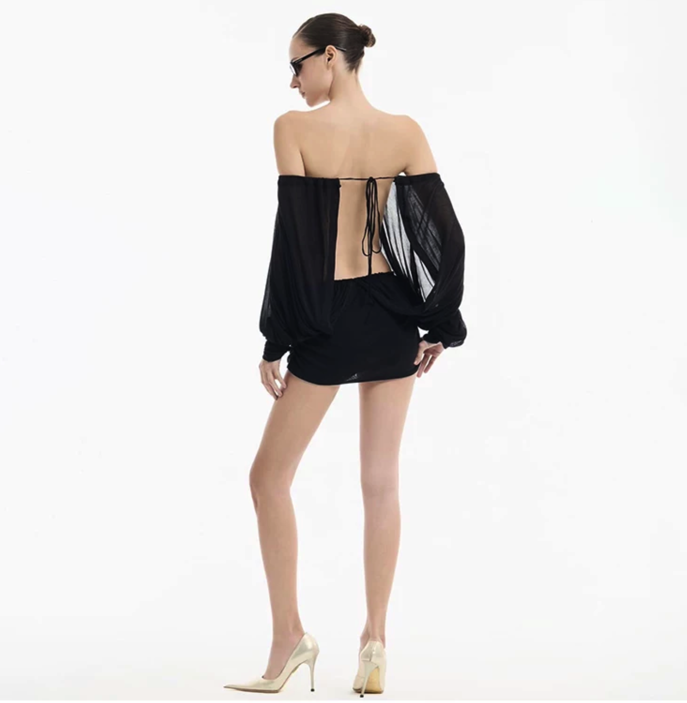 Mesh Long Sleeve Ruched Mini Dress