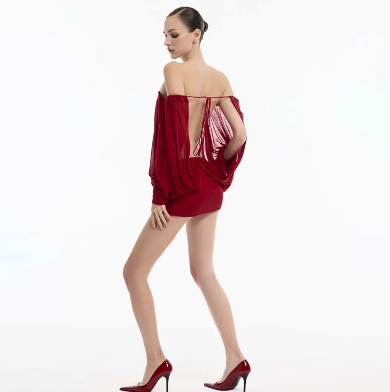 Mesh Long Sleeve Ruched Mini Dress