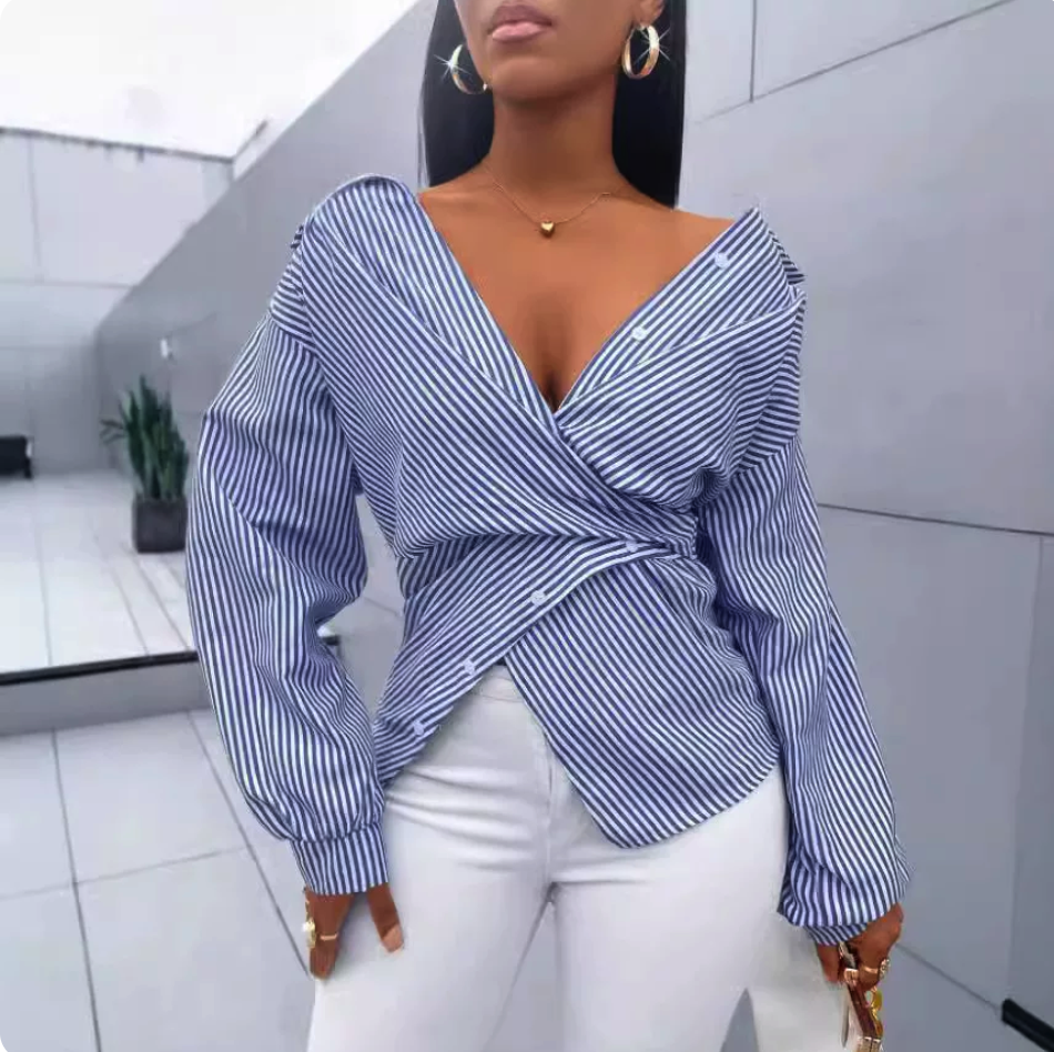 Striped Short Sleeve Wrap Tie-Back Shirt