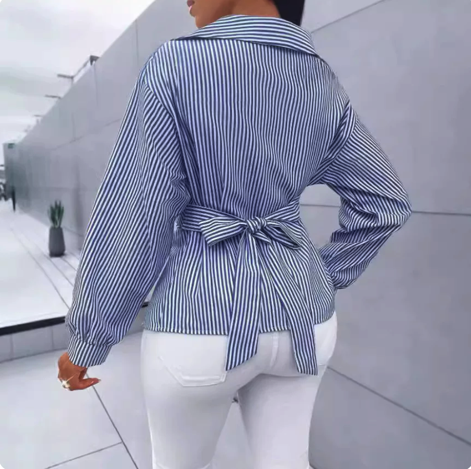 Striped Short Sleeve Wrap Tie-Back Shirt