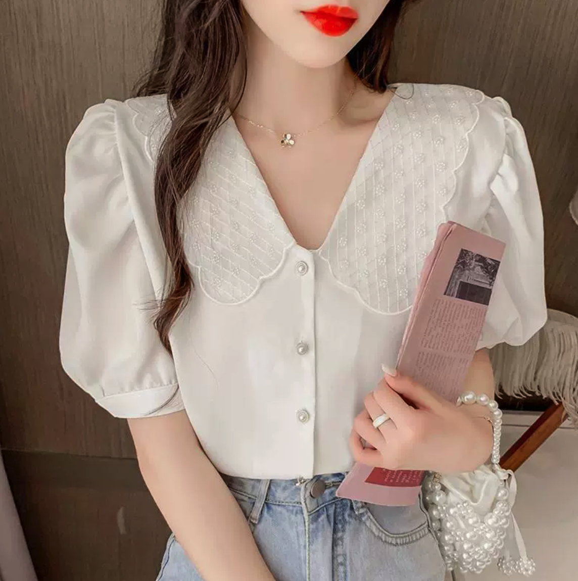 Wellesley Lace Vintage Neck White Blouse