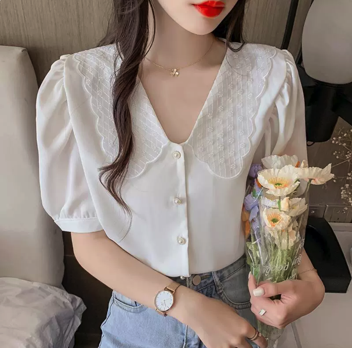 Wellesley Lace Vintage Neck White Blouse