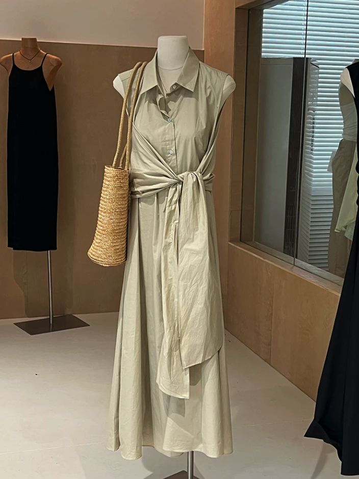 Sleeveless Tie-Waist Shirt Dress