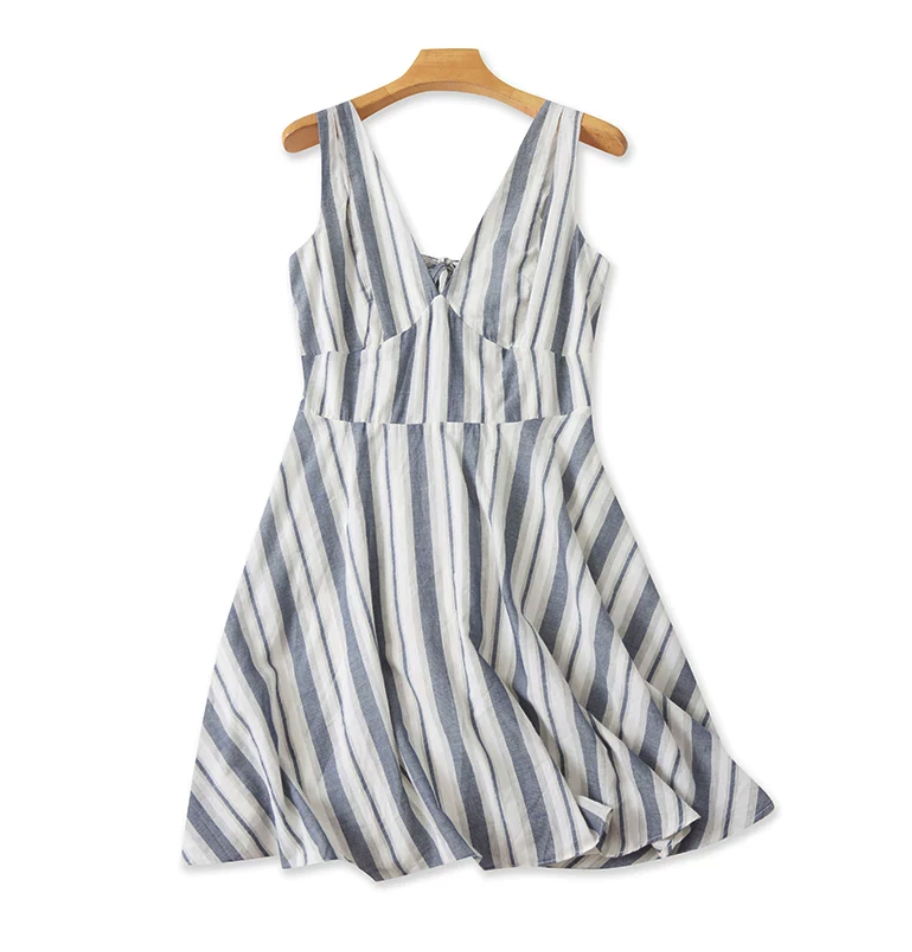 Lace Trim Square Neck Striped Midi Dress